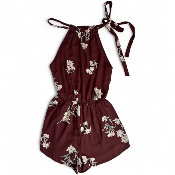 Audrey 3+1 Pants - Audrey 3+1 Floral Romper Small Halter Neck Tie Strap Burgundy Boho Summer